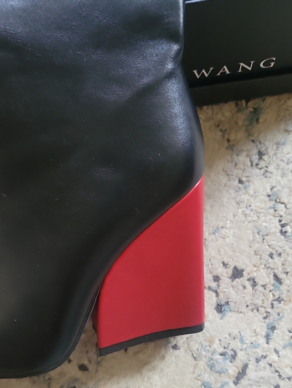 AZALEA WANG Black Leather Mid-Calf Boots with Red Block Heel - Picture 3 of 8